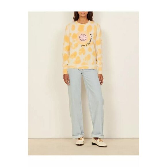 Sandro x Smiley Walk To The Sun Sweater Size 4 Yellow White Cashmere - Picture 3 of 12